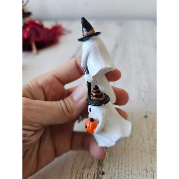 Ghost Witch figurine village Halloween decor broom pumpkins totem unique mini - Picture 2 of 8